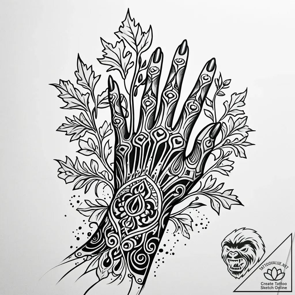 Oak relic held by skeletal hand, tattoo drawi... - style Jaeger Simple - tattoo sketch (03.11.2025 12:18)