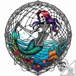 Mermaid’s skeleton tangled in a fishing net,… – style Jaeger Mini – tattoo sketch (03.11.2025 12:43)