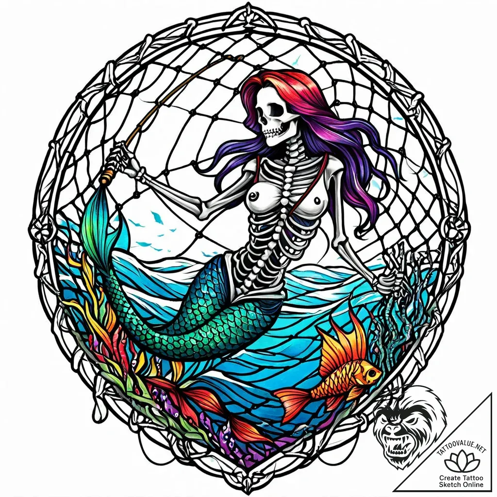Mermaid's skeleton tangled in a fishing net,... - style Jaeger Mini - tattoo sketch (03.11.2025 12:43)