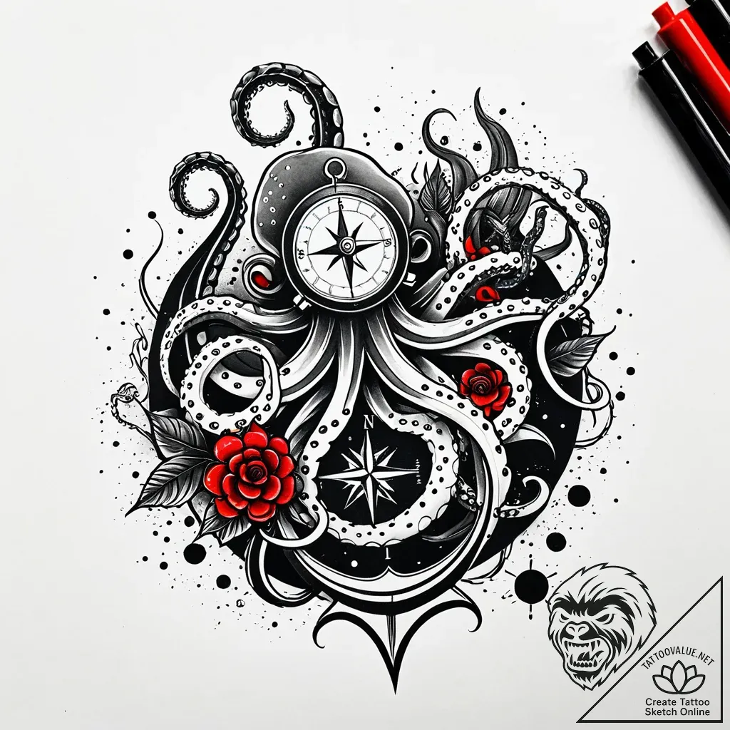 Kraken tentacle curling around compass, tatto... - style Jaeger Simple - tattoo sketch (03.11.2025 12:58)