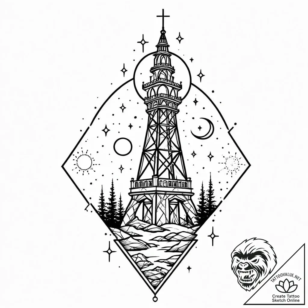 Opal moon above shattered tower, tattoo flash... - style Jaeger Mini - tattoo sketch (03.11.2025 13:43)
