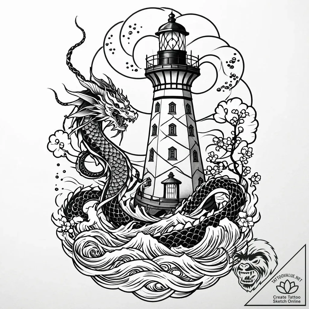 Lighthouse swallowed by kraken, ink illustrat... - style Jaeger Mini - tattoo sketch (03.11.2025 14:43)