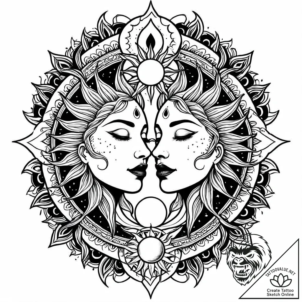 Stylized sun and moon in a lover's embrace, c... - style Jaeger Mini - tattoo sketch (03.11.2025 15:23)