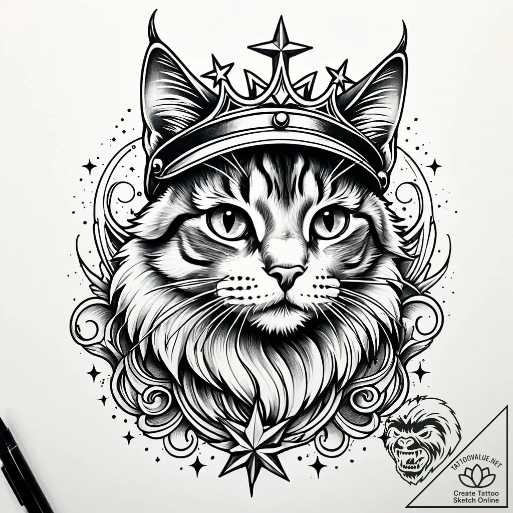 Angelic cat with star crown, tattoo line art,... - style Jaeger Simple - tattoo sketch (03.11.2025 15:38)