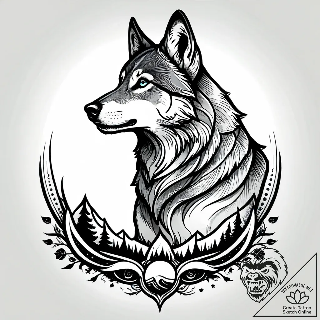 Aurora wolf howling under lights, ink illustr... - style Jagger Old - tattoo sketch (03.11.2025 16:28)