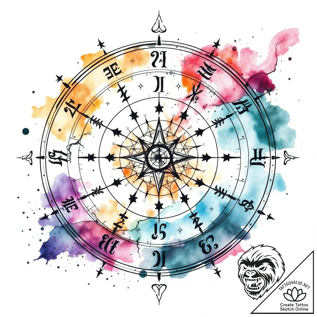 Ruined star map with glowing runes, tattoo sk... - style Flux Inscriptions - tattoo sketch (03.11.2025 16:53)