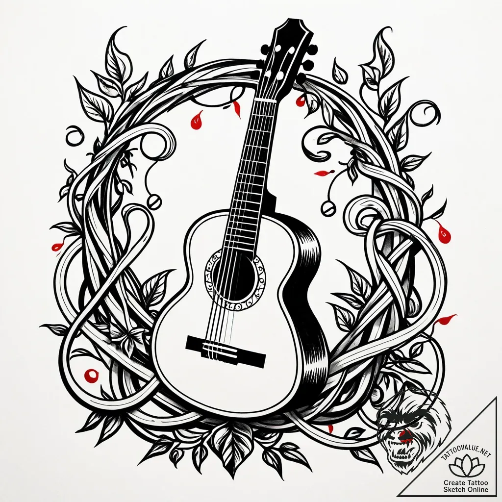 Lute strings tangled in vines, ink illustrati... - style Jaeger Simple - tattoo sketch (03.11.2025 17:18)