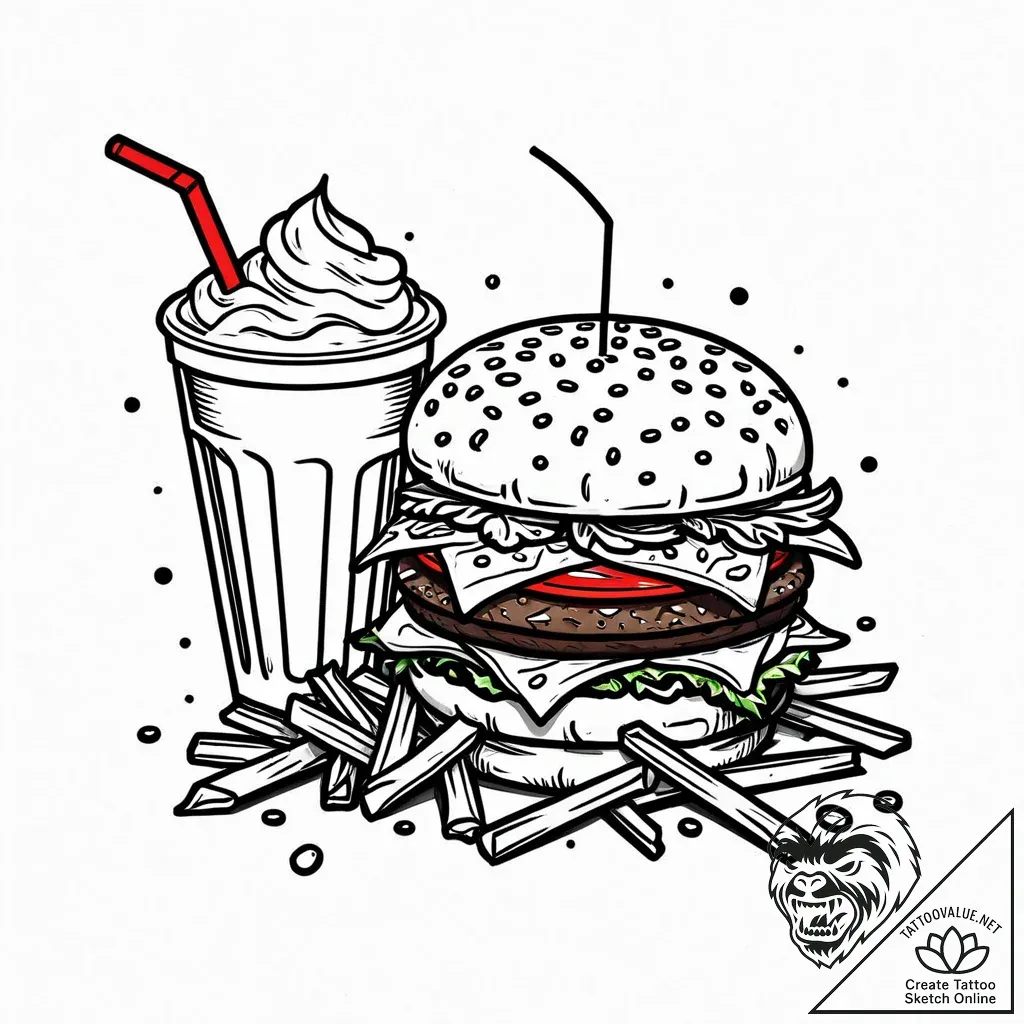 A quirky burger with fries and a milkshake, m... - style Jaeger Mini - tattoo sketch (03.11.2025 17:43)
