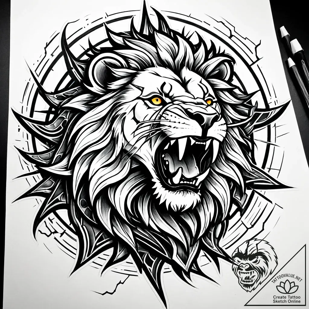 Apocalyptic lion roaring at fractured sun, ta... - style Jaeger Simple - tattoo sketch (03.11.2025 18:18)