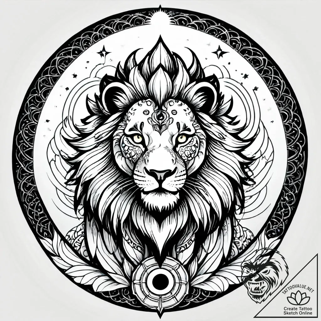 Tattoo sketch, lion with solar halo and glowi... - style Jagger Old - tattoo sketch (03.11.2025 19:08)