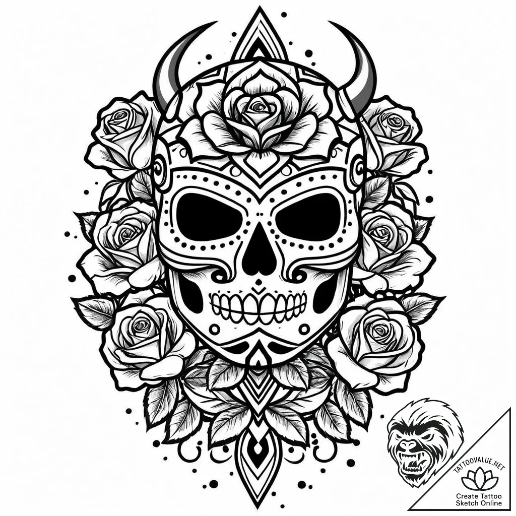 Luchador mask with intricate, aztec-cyberpunk... - style Jaeger Mini - tattoo sketch (03.11.2025 19:23)