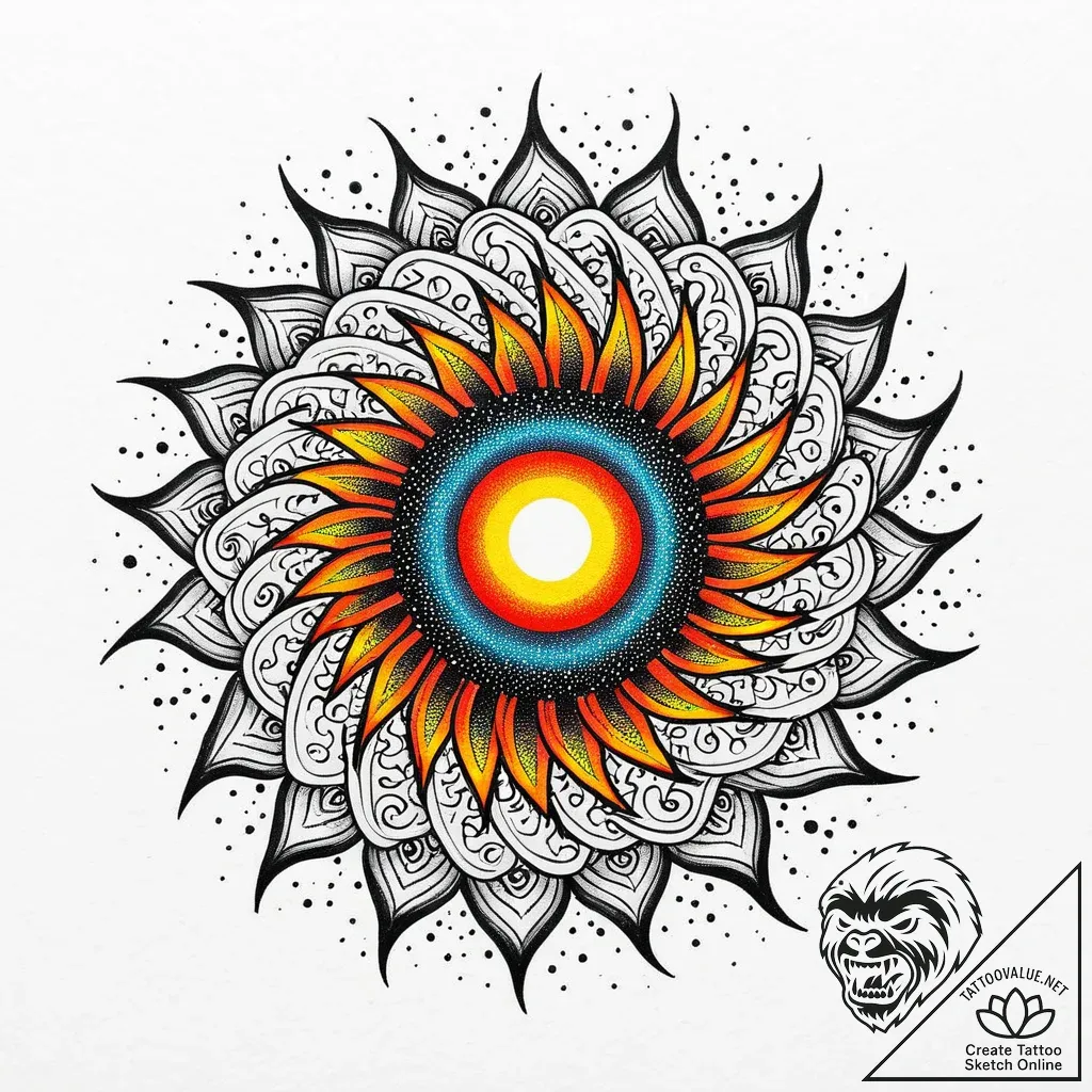 Blood sun with spiral flares, concept art for... - style Jaeger Mini - tattoo sketch (03.11.2025 21:23)
