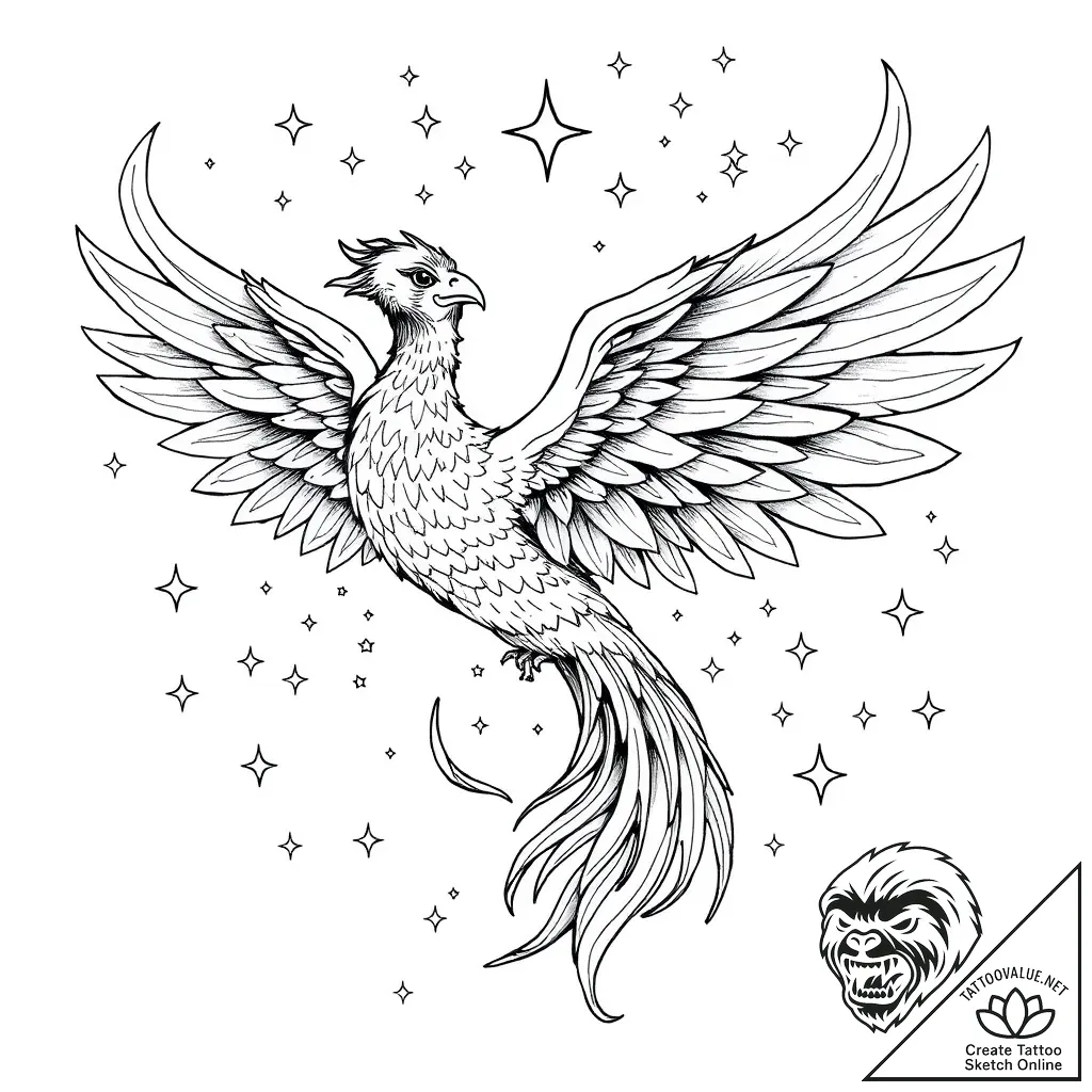 Astral phoenix spiraling through stars, tatto... - style Flux Inscriptions - tattoo sketch (03.11.2025 21:33)