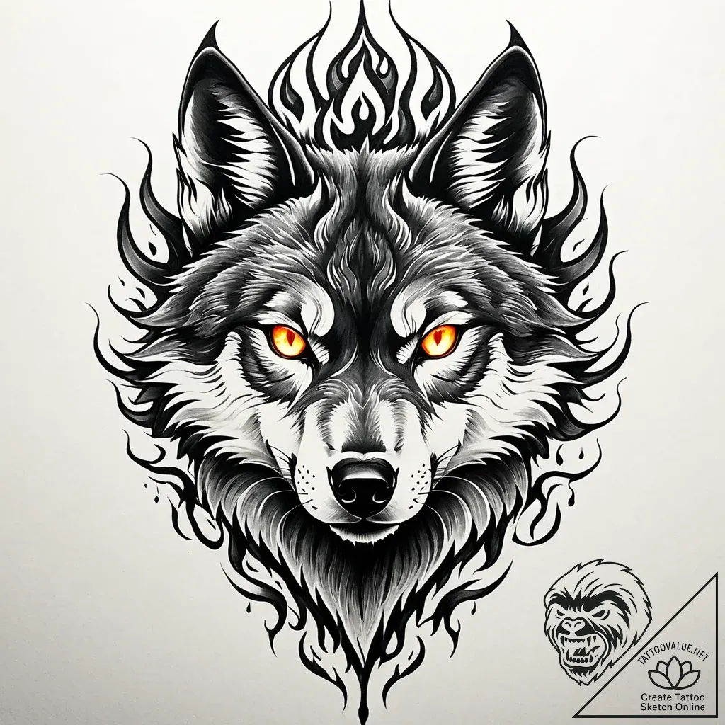 Arcane wolf with flaming eyes, artistic tatto... - style Jaeger Mini - tattoo sketch (03.11.2025 22:03)
