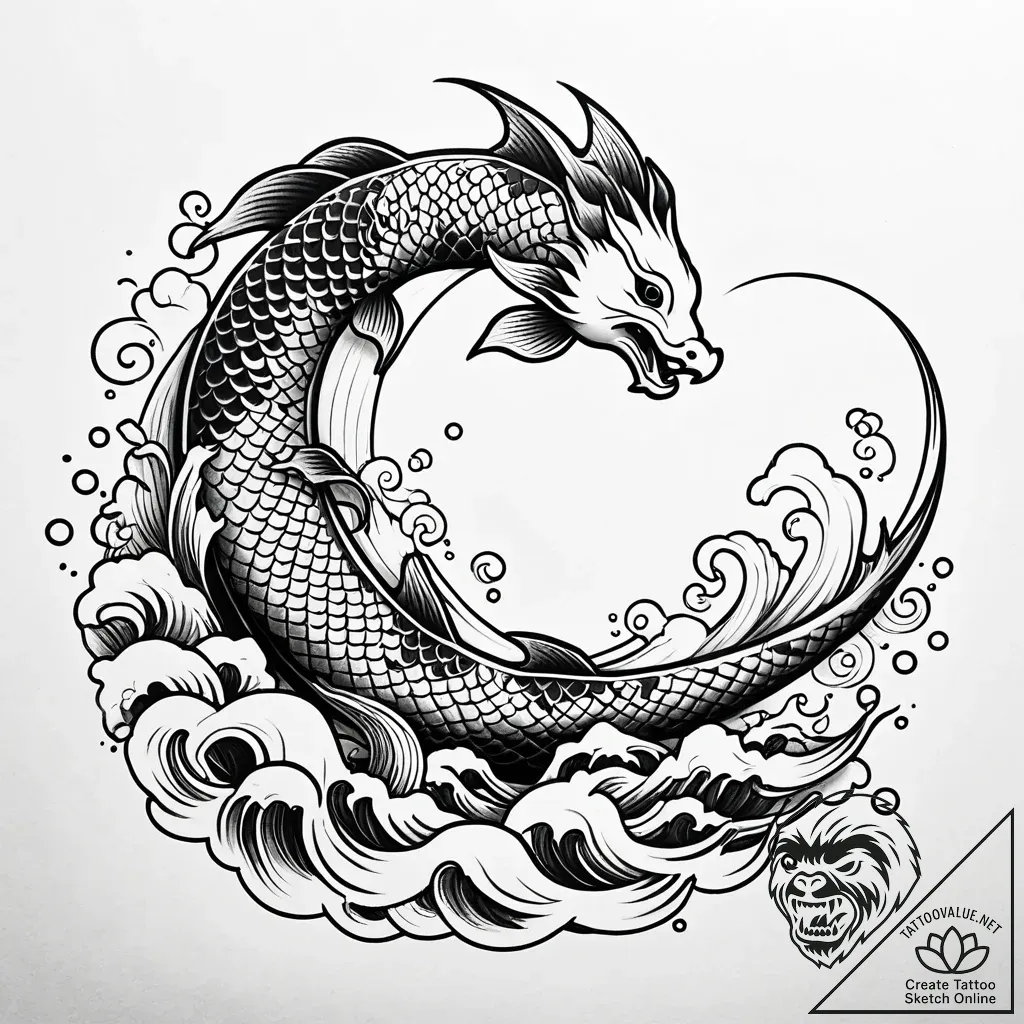 Koi leaping across crescent moon, concept art... - style Jaeger Simple - tattoo sketch (03.11.2025 22:38)