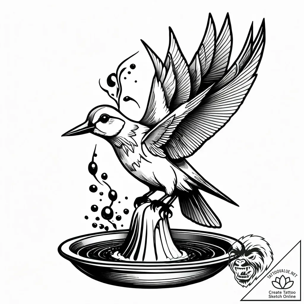 A whimsical bird in a birdbath splashing, ref... - style Jagger Old - tattoo sketch (03.11.2025 22:48)