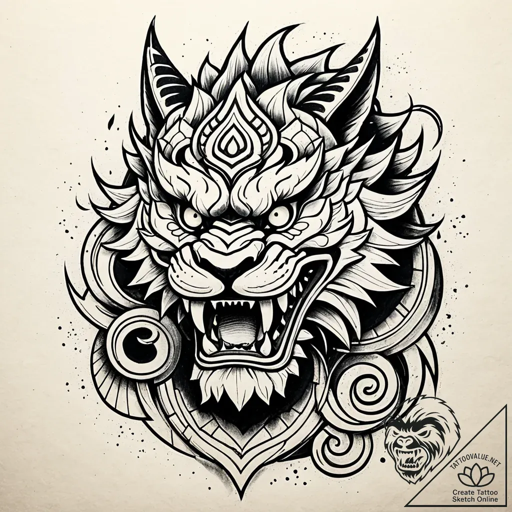 Komainu guardian crumbling in ruins, tattoo l... - style Jaeger Simple - tattoo sketch (03.11.2025 23:18)