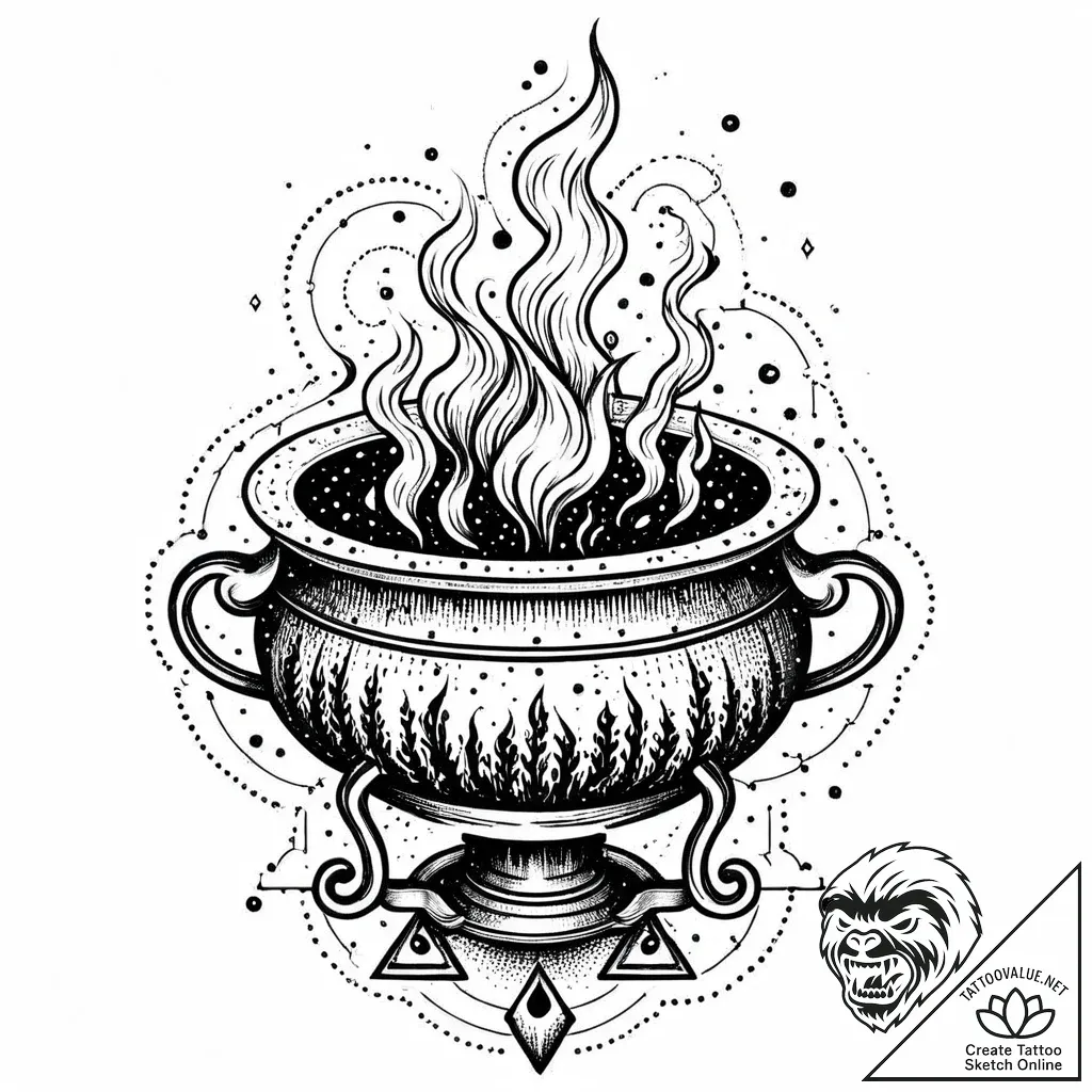Alchemy cauldron with spectral smoke, tattoo... - style Jaeger Mini - tattoo sketch (03.11.2025 23:23)