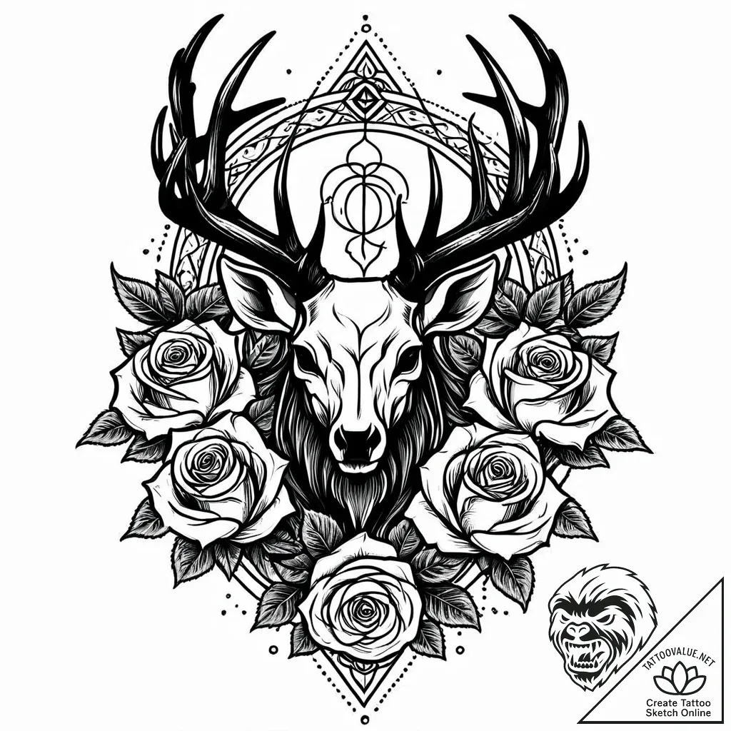 Abyssal stag standing in shadows, ink illustr... - style Jaeger Mini - tattoo sketch (03.11.2025 23:43)