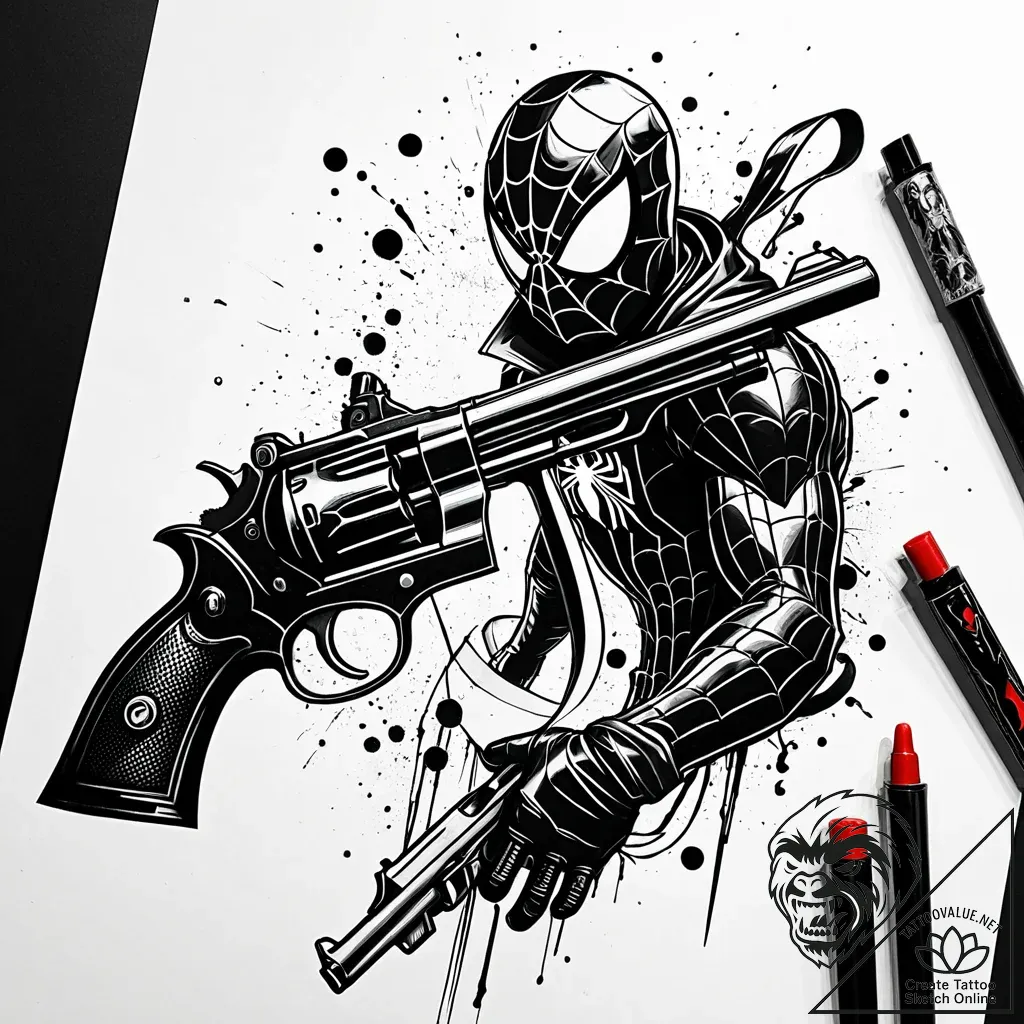 Tat tattoo sketch, spider-man noir holding vi... - style Jaeger Simple - tattoo sketch (04.11.2025 00:18)