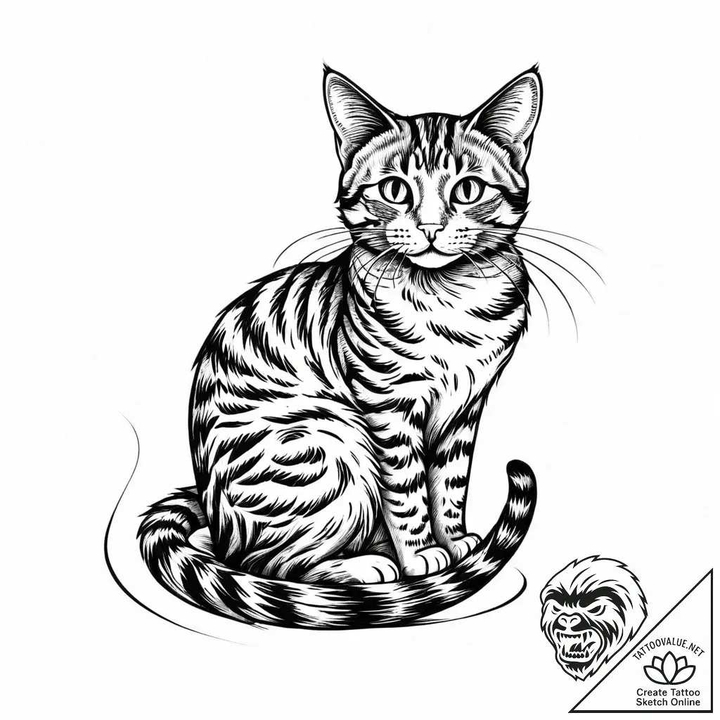 Tattoo sketch, cat with curled tail, playful... - style Jaeger Mini - tattoo sketch (04.11.2025 01:03)