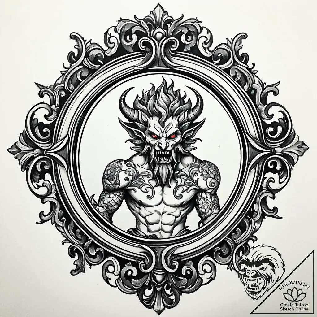 Baroque mirror with demon trapped, artistic t... - style Jaeger Simple - tattoo sketch (04.11.2025 01:18)