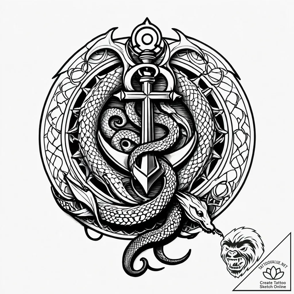 Ocean serpent coiling through wreckage, conce... - style Jagger Old - tattoo sketch (04.11.2025 01:28)