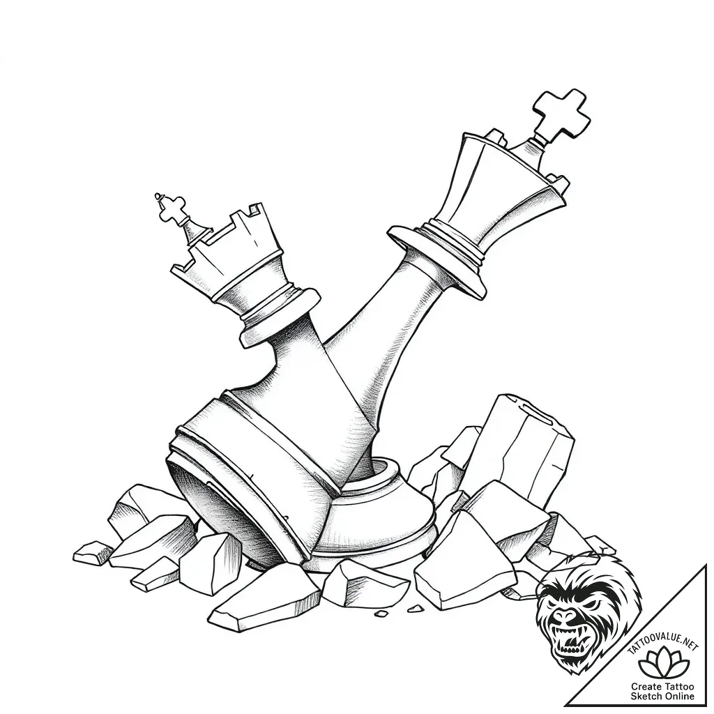 Queen chess piece toppled in ruins, concept a... - style Flux Inscriptions - tattoo sketch (04.11.2025 01:53)
