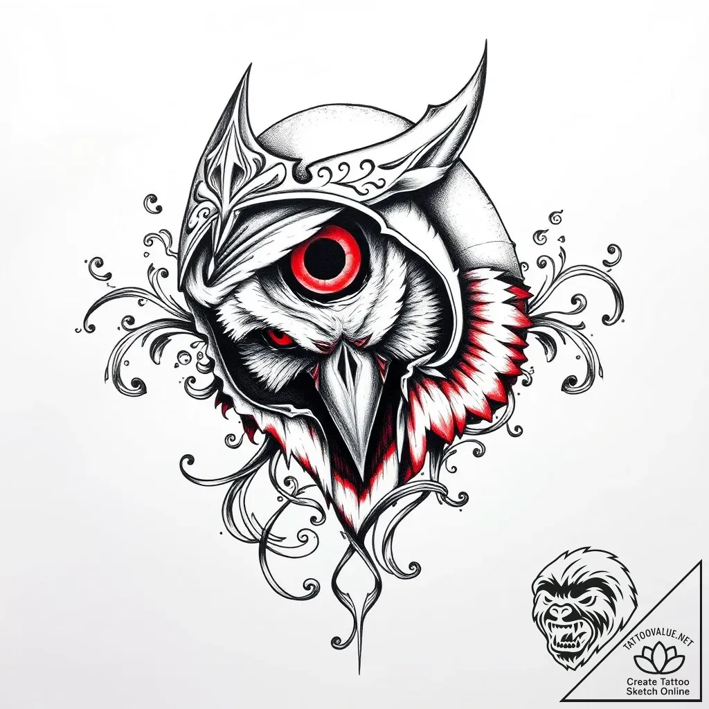 Owl beak beneath shattered helm, tattoo sketc... - style Flux Inscriptions - tattoo sketch (04.11.2025 10:09)