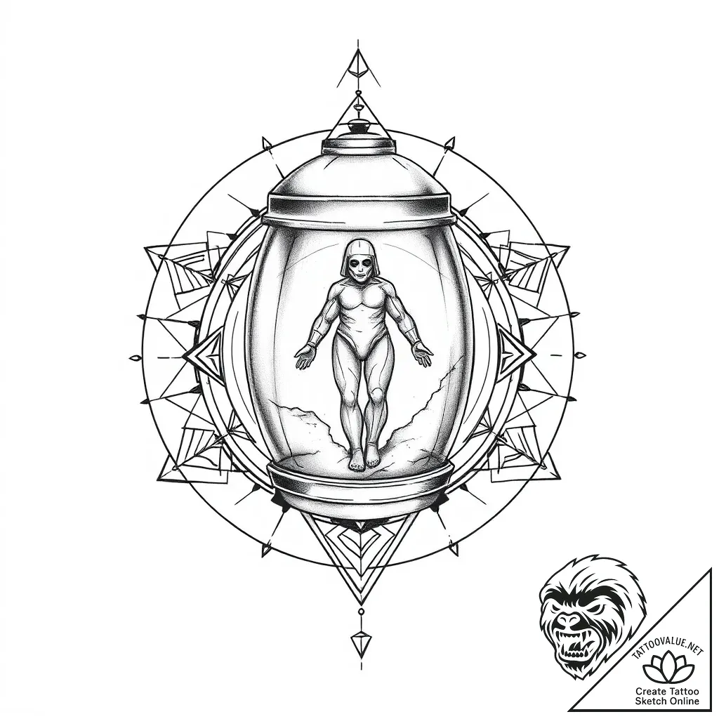 Stasis pod with a figure floating inside, cov... - style Flux Inscriptions - tattoo sketch (04.11.2025 11:28)