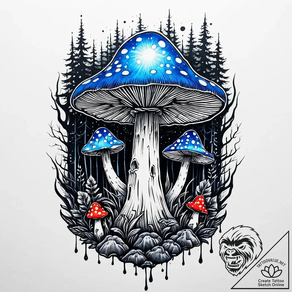 A mystical blue mushroom glowing in a dark fo... - style Jaeger Mini - tattoo sketch (04.11.2025 11:58)