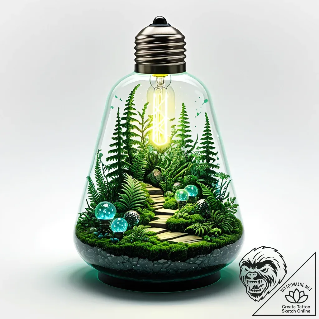 A lightbulb containing a tiny ecosystem - style Jaeger Mini - tattoo sketch (04.11.2025 12:18)