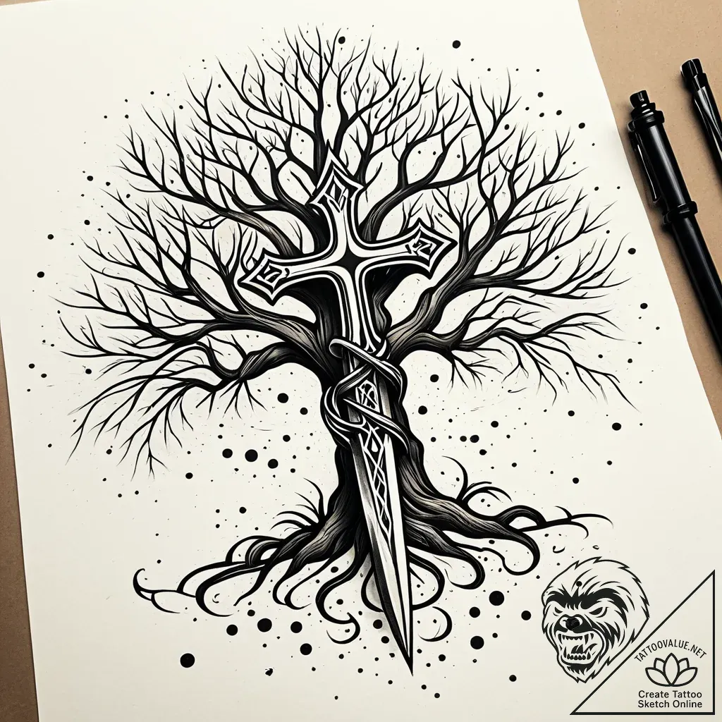 Dagger emerging from spectral tree, tattoo sk... - style Jaeger Simple - tattoo sketch (04.11.2025 12:33)