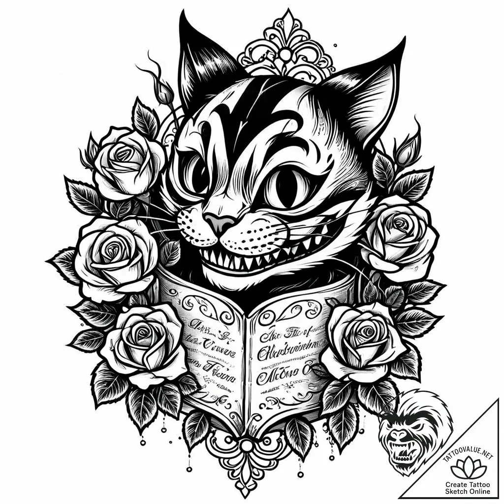 Cheshire cat, ink illustration for tattoo, cl... - style Jaeger Mini - tattoo sketch (04.11.2025 12:38)
