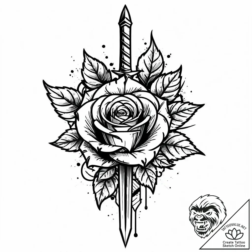 Dagger pierced through rose, tattoo line art,... - style Jaeger Mini - tattoo sketch (04.11.2025 12:58)