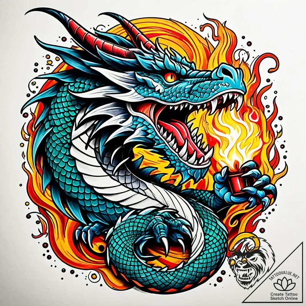 Tattoo sketch, dragon roaring with fire breat... - style Jaeger Simple - tattoo sketch (04.11.2025 15:13)
