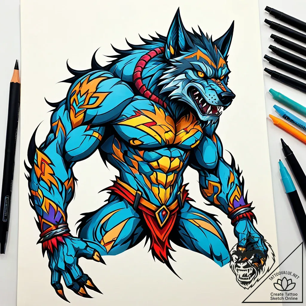 Werewolf, mid-transformation, muscles and bon... - style Jaeger Simple - tattoo sketch (04.11.2025 15:33)