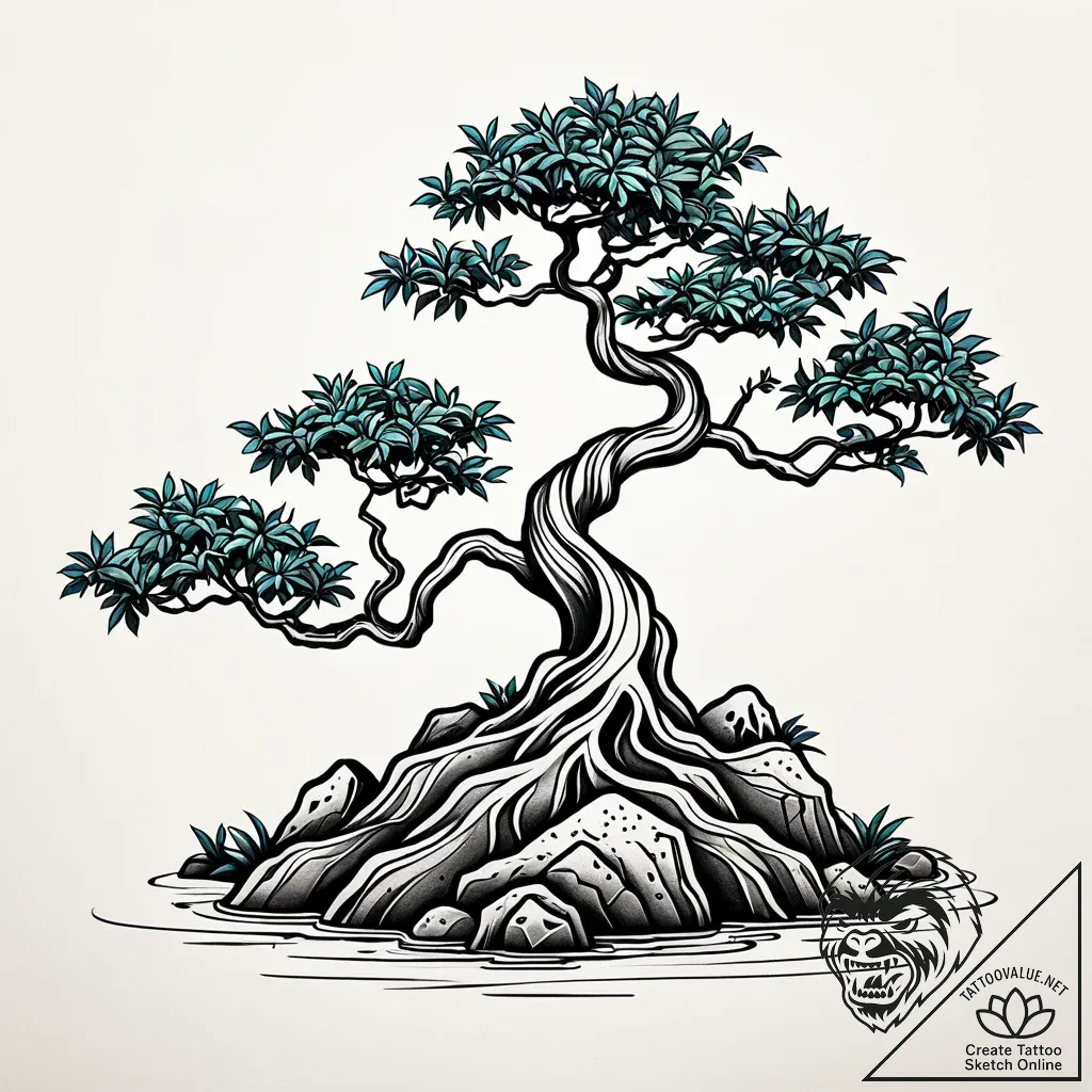 A stylized bonsai tree rooted on a rock, asia... - style Jaeger Simple - tattoo sketch (04.11.2025 16:13)