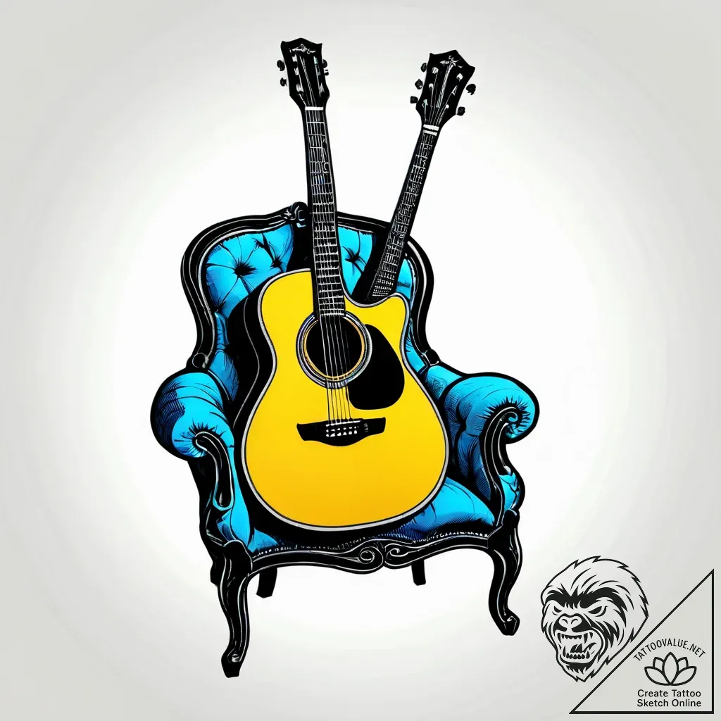 An acoustic guitar resting on a velvet chair... - style Jagger Old - tattoo sketch (04.11.2025 16:43)