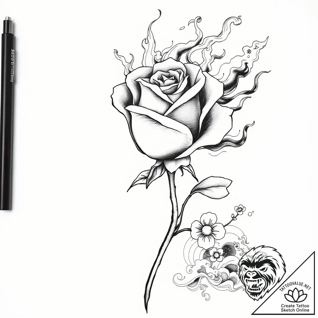 Graven rose beneath burning sky, tattoo drawi... - style Flux Inscriptions - tattoo sketch (04.11.2025 17:28)