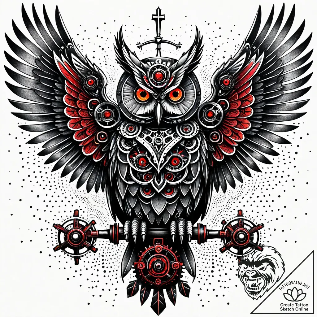 Tattoo sketch, mechanical owl with glowing ey... - style Jaeger Simple - tattoo sketch (04.11.2025 18:13)