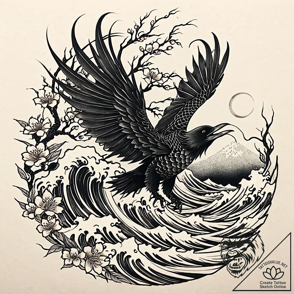 Burning raven with ash wings, tattoo line art... - style Jaeger Mini - tattoo sketch (04.11.2025 18:18)