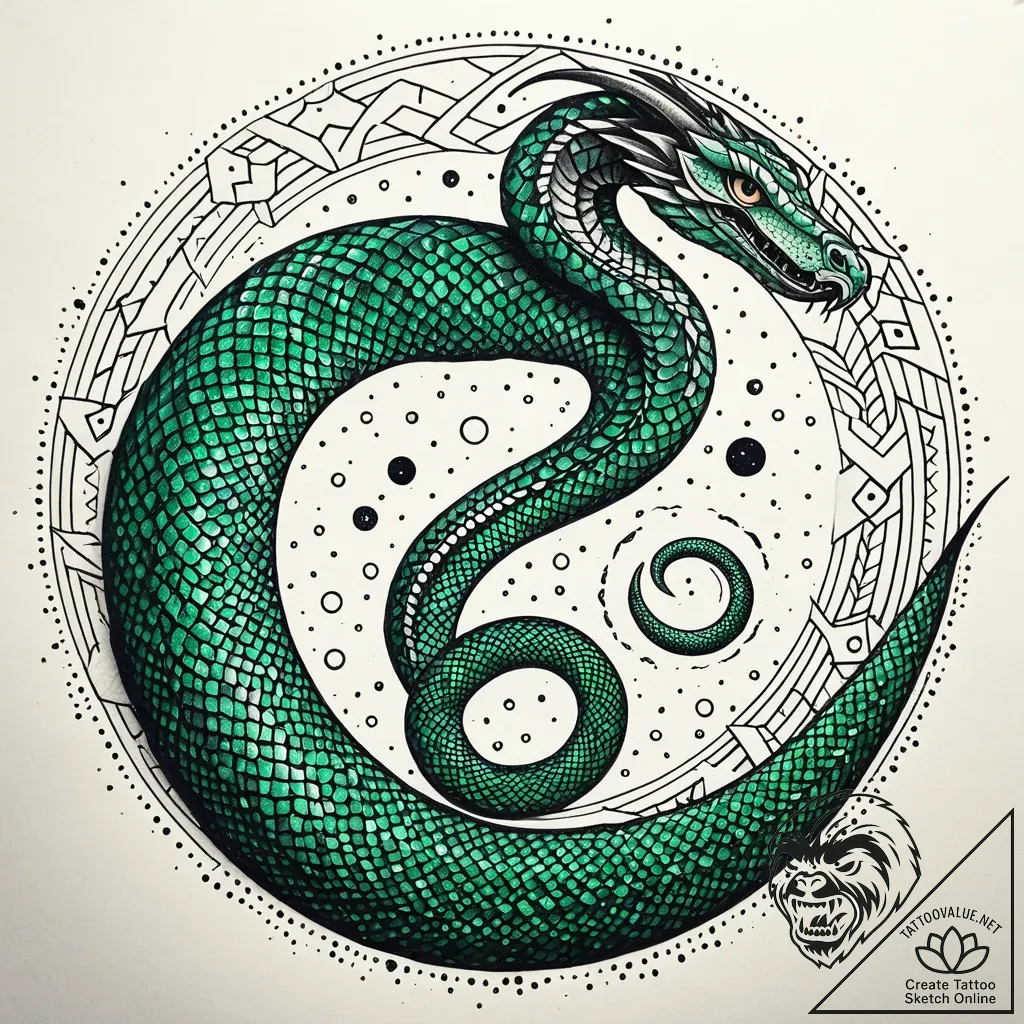 Emerald serpent in cosmic rift, tattoo flash... - style Jaeger Simple - tattoo sketch (04.11.2025 18:53)