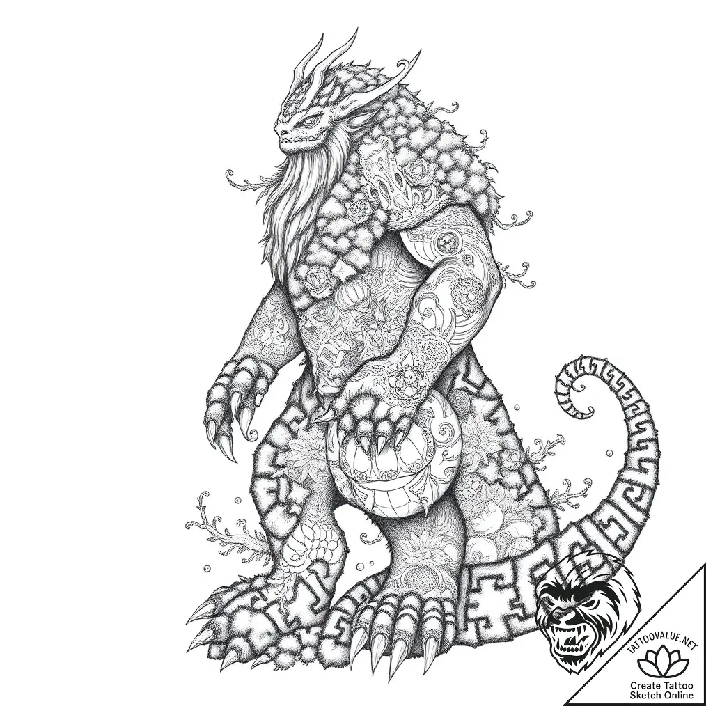 Ancient guardian with moss-covered body, tatt... - style Flux Inscriptions - tattoo sketch (04.11.2025 19:08)