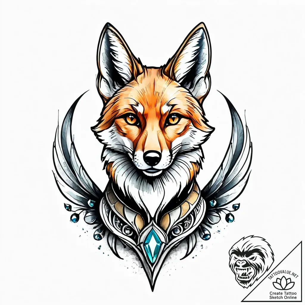 Angel fox with jeweled collar, tattoo sketch... - style Jagger Old - tattoo sketch (04.11.2025 19:23)