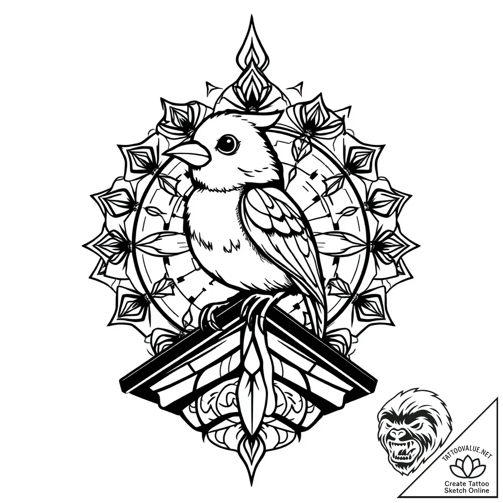 A whimsical bird on a roof, observant,, tatto... - style Flux Inscriptions - tattoo sketch (04.11.2025 19:28)
