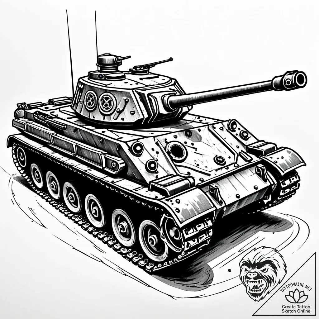 Panzer tank, weathered and battle-damaged, ta... - style Jaeger Simple - tattoo sketch (04.11.2025 19:33)