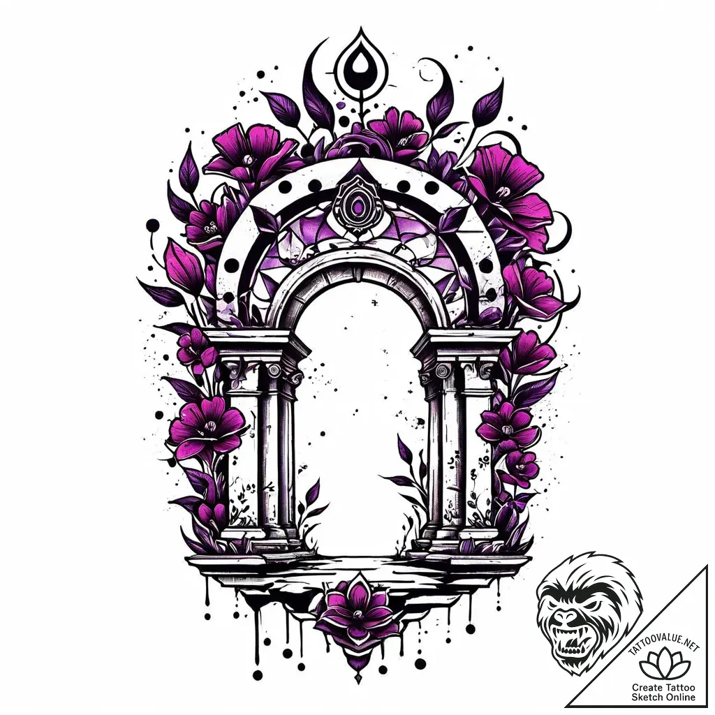 Violet bloom beneath spectral arch, concept a... - style Jaeger Mini - tattoo sketch (04.11.2025 19:38)