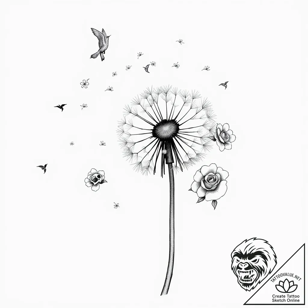 Dandelion with birds, concept art for tattoo,... - style Flux Inscriptions - tattoo sketch (04.11.2025 20:08)