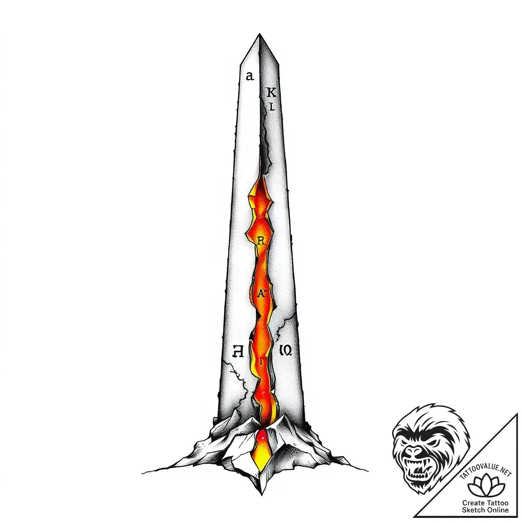 Obelisk cracked with glowing runes, tattoo dr... - style Flux Inscriptions - tattoo sketch (04.11.2025 21:08)